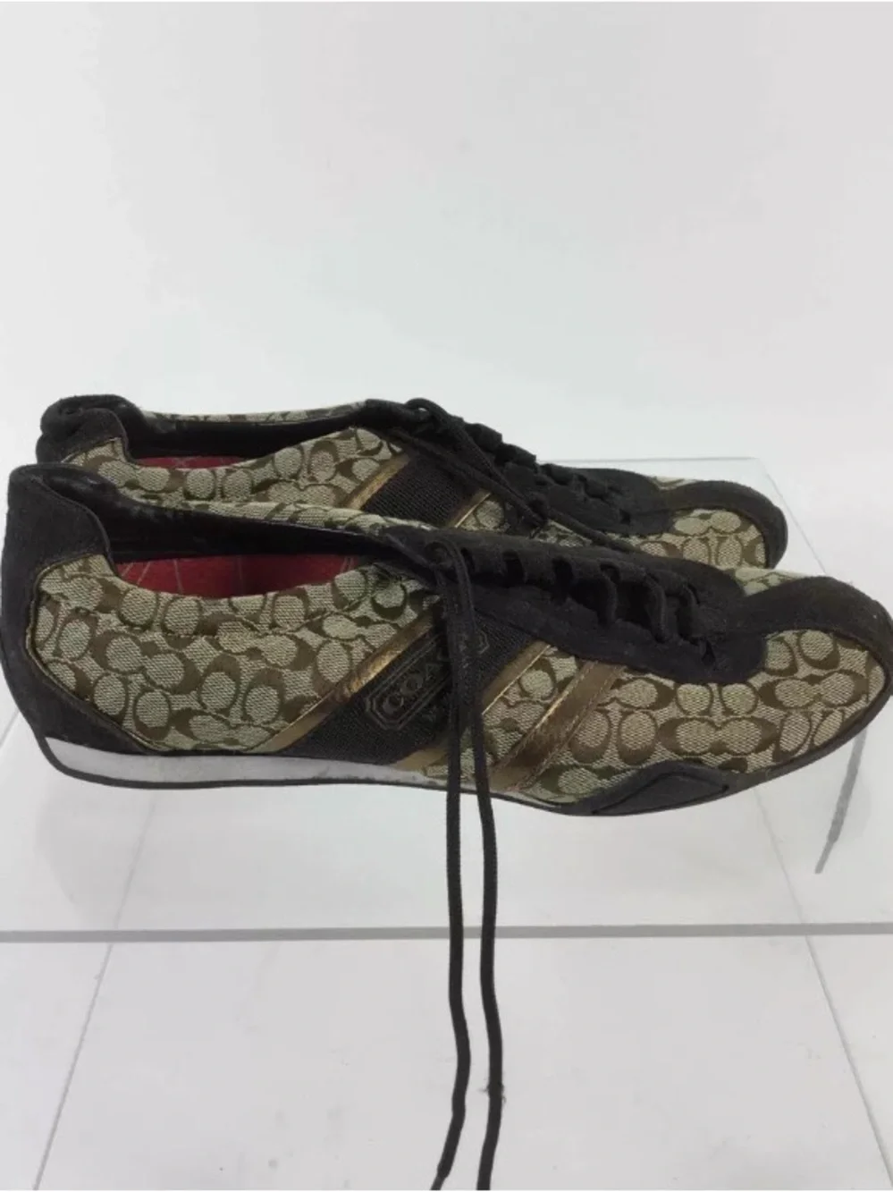 Coach Khaki Signature Monogram Lace-Up Sneaker with Black & Gold Accents
